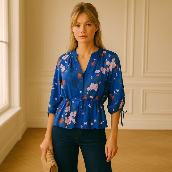 Tanya Taylor Silk Falling Floral Top Blouse Azure Blue NWOT - Picture 1 of 10